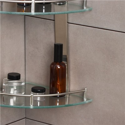 Полка для ванной комнаты 2х-ярусная угловая Штольц Stölz, 24×24×28 см, нержавеющая сталь, стекло