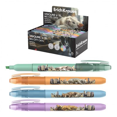 Текстовыделитель VisioLine® V-15 Коты большого города ассорти (отгрузка кратно 24 шт) 63368 ErichKrause
