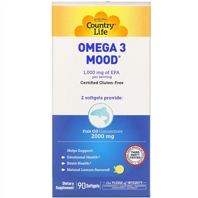 Country Life, Omega 3 Mood, натуральный ароматизатор со вкусом лимона, 90 мягких желатиновых капсул
