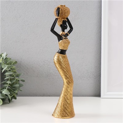 Фигура полистоун «Африканка с плетёным круглым кувшином», под золото, 10×6×28 см