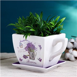 Декоративный горшок для цветов «Прованс», 800 мл, 17×13×11 см, керамика, с поддоном, белый, сиреневый, Greengo