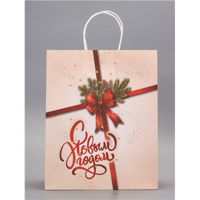 Пакет бумажный подарочный новогодний крафт «Подарок» 32×26×11 см