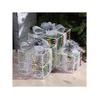 Светодиодная фигура «Блестящие подарки» 15, 20, 25 см, текстиль, металл, 220 В, свечение тёплое белое