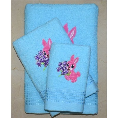Махровое полотенце "Зайка с сиренью"-ГОЛУБОЙ 70*140 см. хлопок 100%