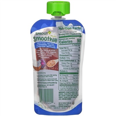 Sprout Organic, Organic Smoothie, Toddler, Blueberry Banana wit Coconut Milk Veggies & Flax Seed , 4 oz (113 g)