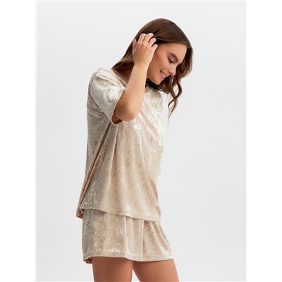 Пижама женская (футболка, шорты) KAFTAN Velvet, размер 44-46, бежевая