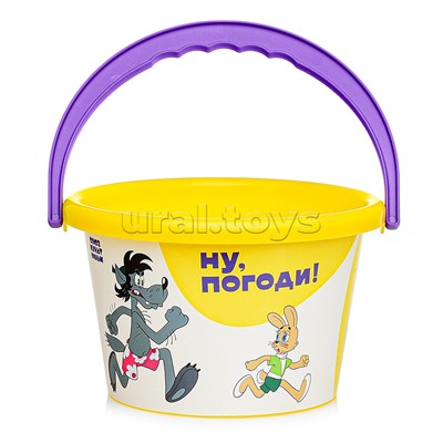 Набор "Ну, погоди!" №4: ведро среднее с наклейкой, ситечко, лопатка, грабельки, формочка (замок башня)