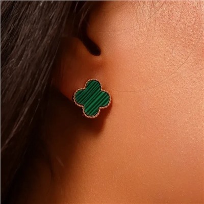Серьги клевер ювелирная бижутерия коллекция "Дубай", покрытие позолота, вставка: пластик, цвет: зеленый, арт.414.256