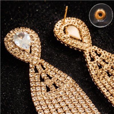 Серьги длинные женские вечерние со стразами, цвет: золотистый и прозрачный, арт.012.040