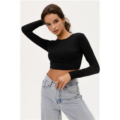 F-Лонгслив-1 женский укороченный кроп топ с длинными рукавами (Черный)