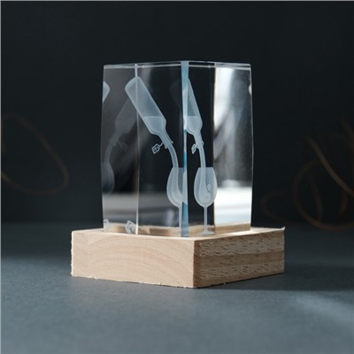 Фигурка светящаяся стекло «Прямоугольник. Бокал и вино», подставка дерево, USB, 7×7×10