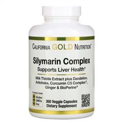 California Gold Nutrition, силимариновый комплекс, для здоровья печени, расторопша, куркумин, артишок, одуванчик, имбирь и черный перец, 360 растительных капсул