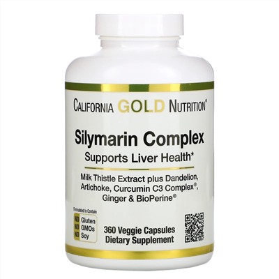 California Gold Nutrition, силимариновый комплекс, для здоровья печени, расторопша, куркумин, артишок, одуванчик, имбирь и черный перец, 360 растительных капсул