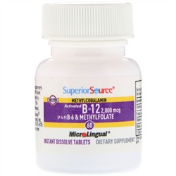 Superior Source, Активированный витамин B12 метилкобаламин, B6 (P-5-P) и метилфолат, 2000 мкг/1200 мкг, 60 таблеток