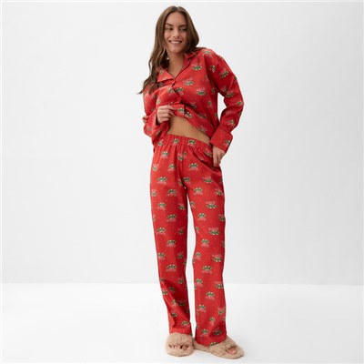 Пижама новогодняя женская (рубашка, брюки) KAFTAN «Машинки», размер 52-54, красная