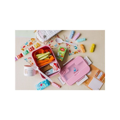 Ланч-бокс для еды в школу Доляна «Фламинго», пластик, 20.5×15×7.5 см, 2 отделения, вилка, ложка, пшеничная солома, розовый
