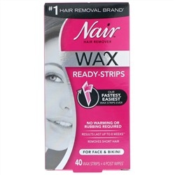 Nair, Средство для удаления волос, восковые полоски, для лица и бикини, 40 восковых полосок + 4 салфетки