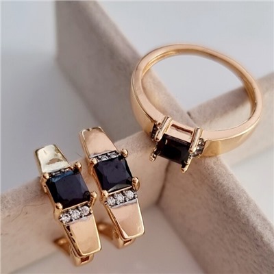 Комплект ювелирная бижутерия коллекция  "Дубай" серьги и кольцо 17 р, покрытие: позолота, вставка: фианиты, цвет: черный и прозрачный, арт.217.296-17