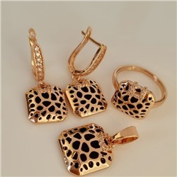 Комплект ювелирной бижутерии коллекция "Дубай" серьги, кулон и кольцо 19 р, покрытие позолота, вставка: эмаль и цирконы, цвет: черный и прозрачный, арт.414.064-19