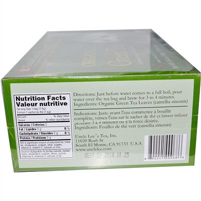 Uncle Lee's Tea, Органический зелёный чай, 100 чайных пакетиков, 160 г