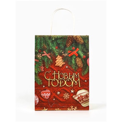 Пакет бумажный подарочный новогодний крафт «Новогодняя атмосфера» 18×8×25 см