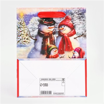 Пакет подарочный новогодний ламинированный «Снеговики»,18×23×10 см