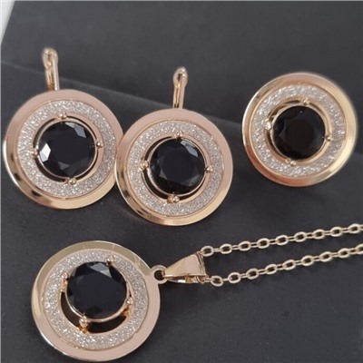 Комплект ювелирной бижутерии коллекция "Дубай" серьги, кулон на цепочке и кольцо 19 р, покрытие позолота, вставка: фианиты и блестящий глиттер, цвет: черный, арт.216.396-19