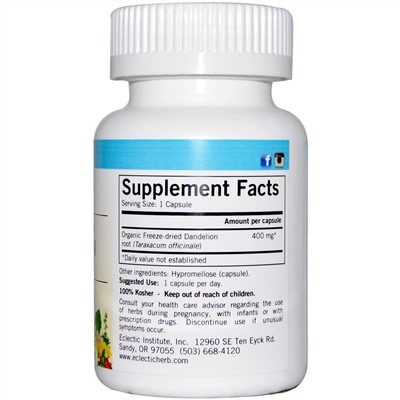 Eclectic Institute, Dandelion Root, Raw, 400 mg, 90 Non-GMO Veg Caps