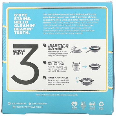 Active Wow, 24K White, Premium Teeth Whitening Kit, + Mint, 30 Treatments