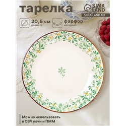 Тарелка «Гармония лепестков», d=20.5 см, фарфор, белая, зелёная
