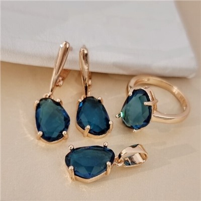 Комплект ювелирной бижутерии коллекция "Дубай" серьги, кулон и кольцо 17 р, покрытие позолота, вставка: стекло, цвет: сапфировый, арт.414.331-17