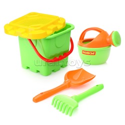 Набор №284: ведро-крепость большое, ситечко-крепость большое, лопатка №5, грабельки №5, лейка малая №4