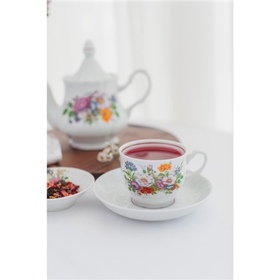Чайная пара Добрушский завод «Букет цветов», 2 предмета: чашка 250 мл, блюдце d=15 см, фарфор, белая