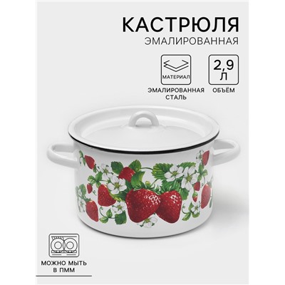Кастрюля эмалированная «Клубничная поляна», 2.9 л, d=22 см, цилиндрическая, белая