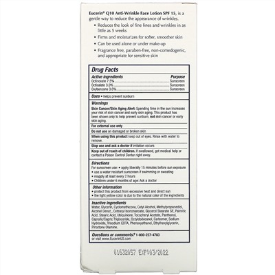 Eucerin, Лосьон Q10 против морщин для чувствительной кожи, солнцезащитное средство SPF 15, 118 мл (4 жидких унции)