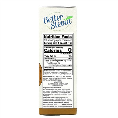 Now Foods, стевия BetterStevia, сахарозаменитель с нулевой калорийностью, французская ваниль, 75 пакетиков по 1 г в каждом
