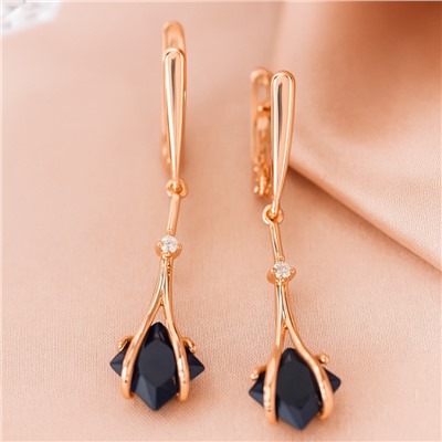 Серьги подвески длинные с черным камнем, покрытие позолота 585 пробы, арт.414.053