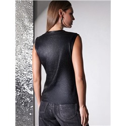 Топ с закрытым декольте из хлопка с эластаном в рубчик с матовым покрытием металлик