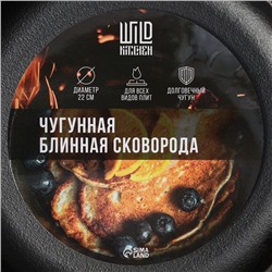 Сковорода блинная Wild Kitchen, d=22 см, съёмная ручка, индукция, чугун, чёрная