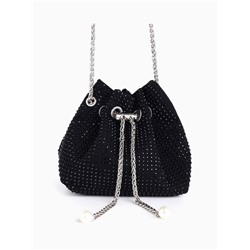 Сумка мини-клатч на затяжке, со стразами, чёрная