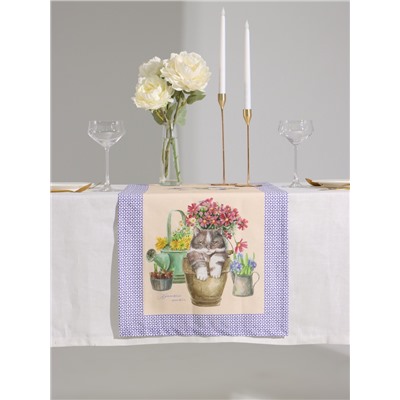 Дорожка на стол «Этель. Уютные коты», 40×146 см, 100% хлопок, саржа 190 г/м², бежевая/синяя