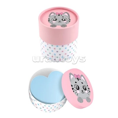 Блок бумажный для записей "100% Cute. Cat" 70x70 мм, 700 листов, офсет 75 г/м², пастельный голубой в форме сердца, непроклеенный, в круглой подарочной коробке и термоусадочной пленке