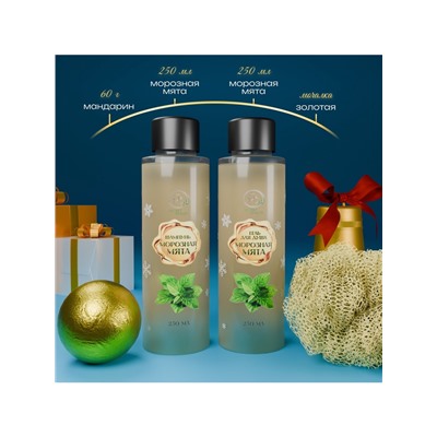 Новогодний подарочный набор косметики SB BEAUTY, шампунь, гель для душа, бомбочка, мочалка, с ароматом мяты и мандарина