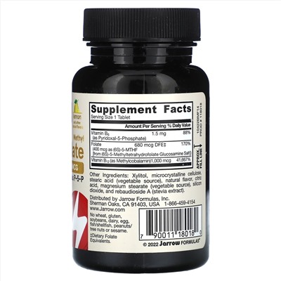 Jarrow Formulas, веганский метил B12 и метилфолат, повышенная сила действия, со вкусом лимона, 100 жевательных таблеток