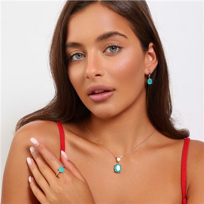 Комплект ювелирной бижутерии коллекция "Дубай" серьги, кулон и кольцо 19 р, покрытие позолота, вставка: фианит, цвет: голубой тиффани матовый, арт.215.507-19