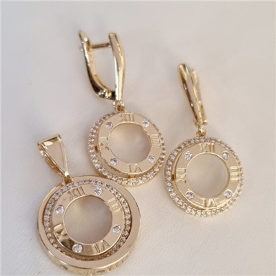 Комплект ювелирной бижутерии Итальянское золото (покрытие желтое 14к) серьги, кулон и кольцо 19 р, вставка: фианиты, цвет: прозрачный, арт.217.335-19