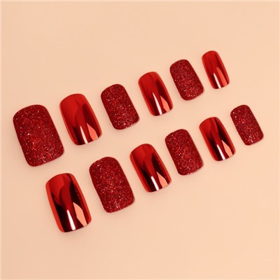 Накладные ногти, 12 шт., с клеевыми пластинами, форма мягкий квадрат, с блёстками, красные