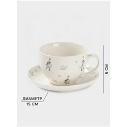 Чайная пара Доляна «Гуси», 2 предмета: чашка 250 мл, блюдце d=15 см, фарфор, белая