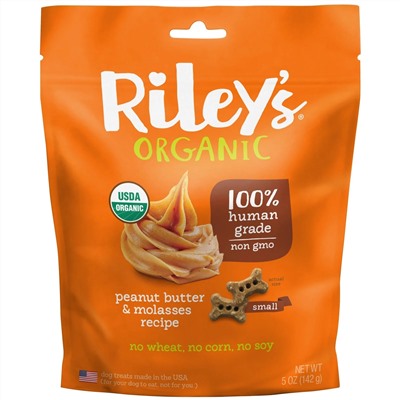 Riley’s Organics, лакомства для собак, маленькая косточка, рецепт с арахисовым маслом и патокой, 142 г (5 унций)