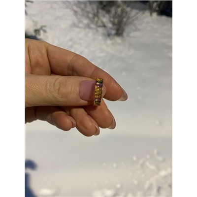 Кольцо из золочёного серебра с плавленым кварцем цвета турмалин 925 пробы 1-199з2